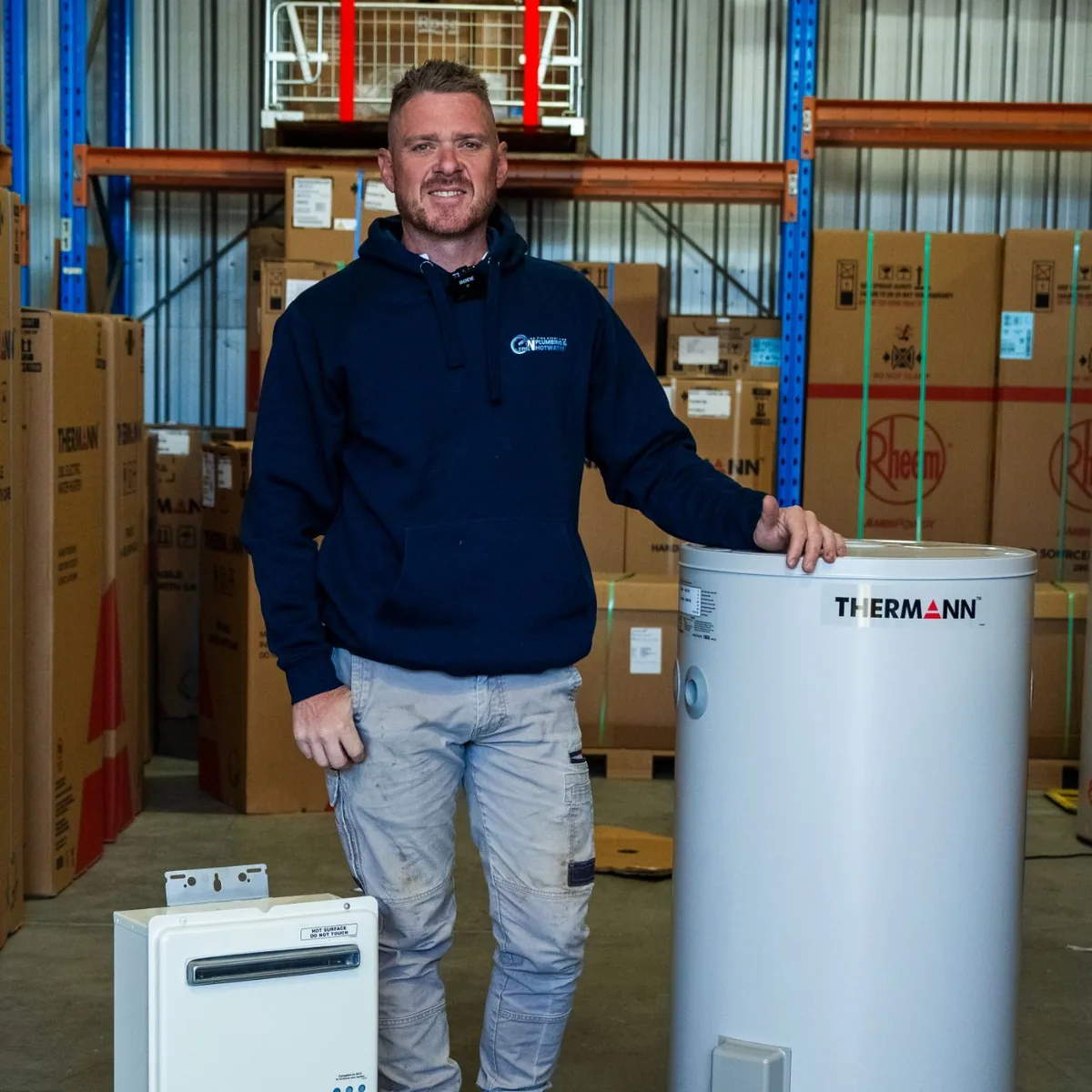 On Time plumber with a Thermann gas continuous flow and electric storage hot water system